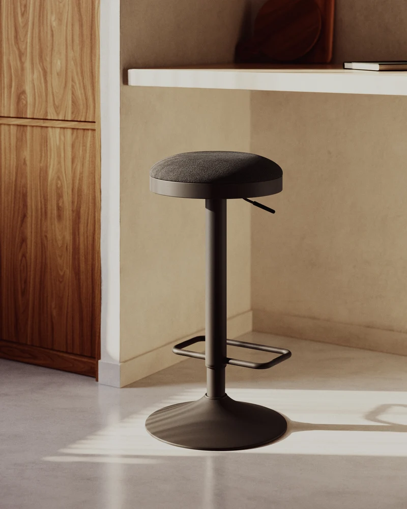 Zaib stool in black chenille and matt black steel height 63-84 cm