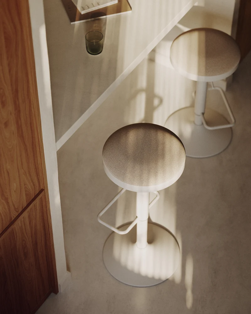 Zaib stool in beige chenille and matt white steel height 63-84 cm