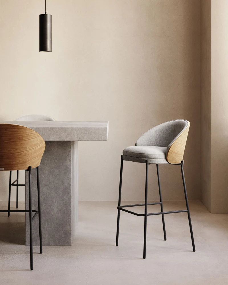 Eamy stool light grey chenille & Natural 77 cm
