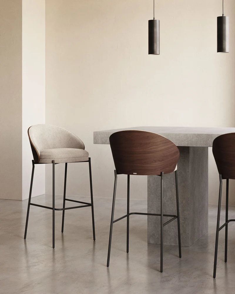 Eamy stool light brown chenille & walnut 77 cm