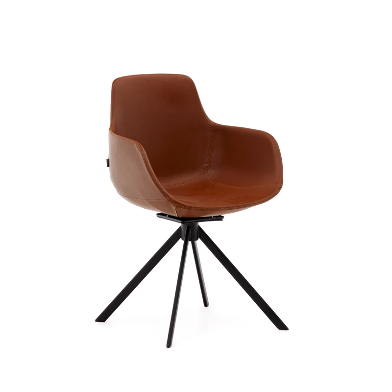 Tissiana self-centring swivel chair in synthetic brown leather and matte black aluminium