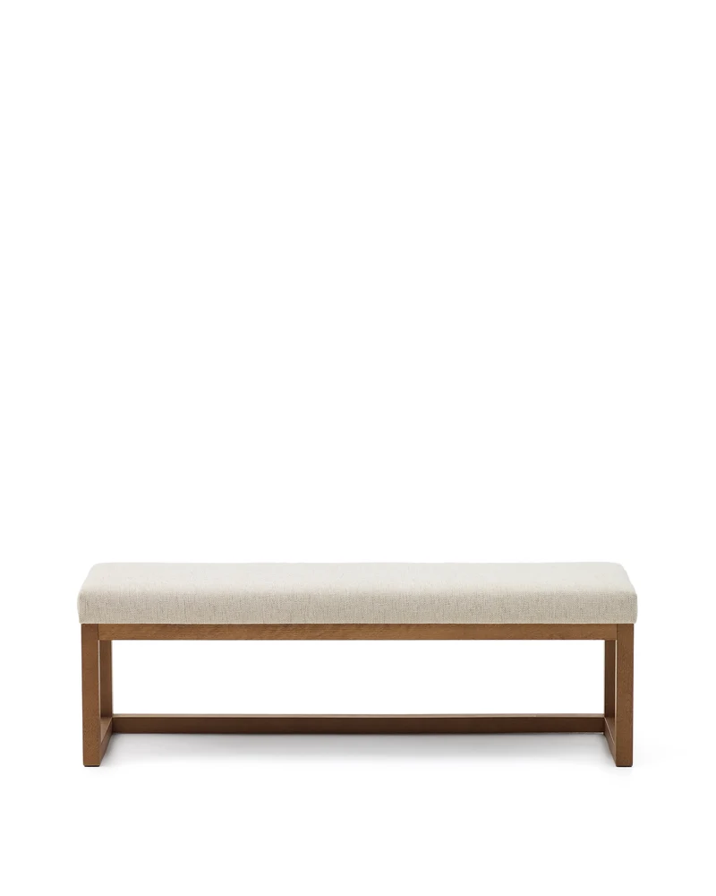 Loya bench in beige chenille and beech wood with walnut-coloured finish 128cm