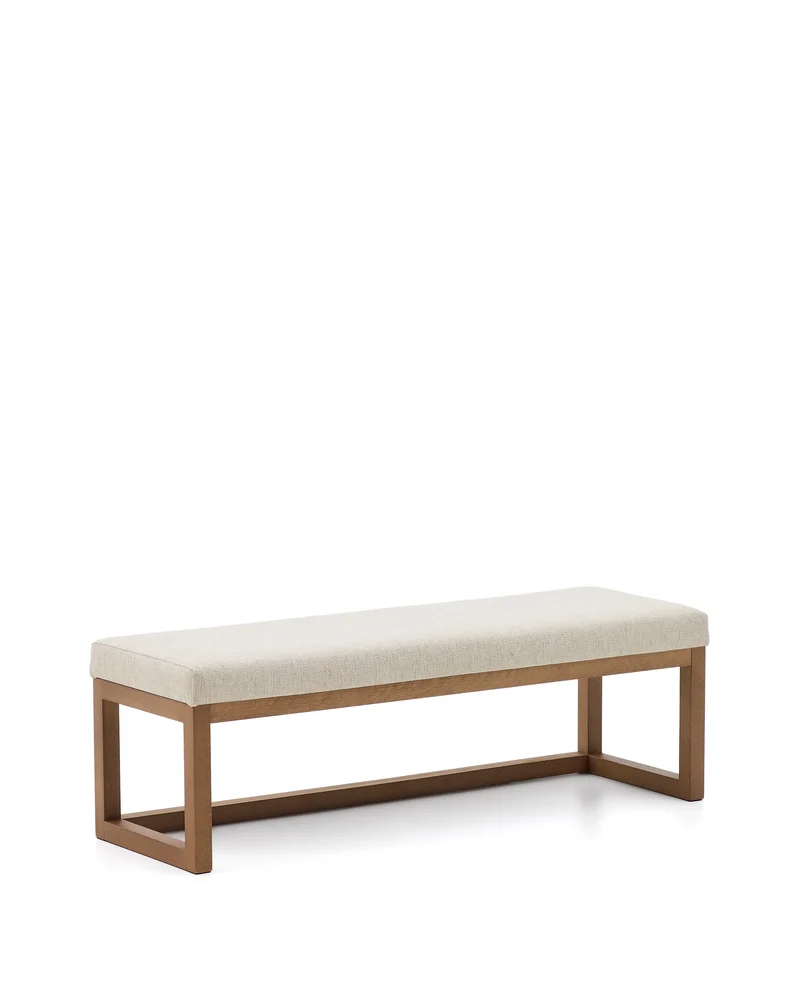 Loya bench in beige chenille and beech wood with walnut-coloured finish 128cm