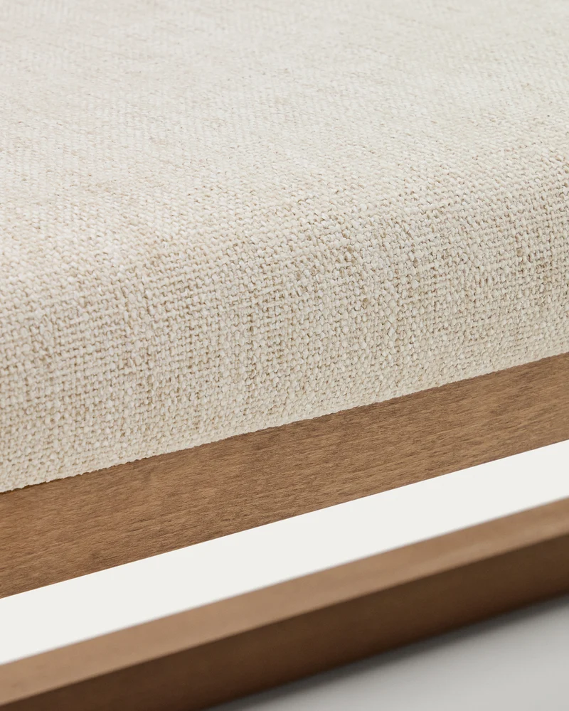 Loya bench in beige chenille and beech wood with walnut-coloured finish 128cm