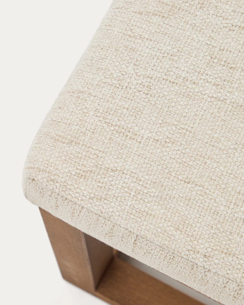 Loya bench in beige chenille and beech wood with walnut-coloured finish 128cm