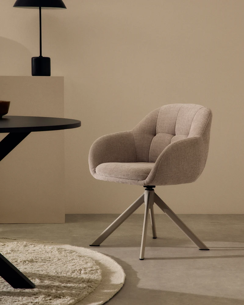 Dorina swivel chair in beige chenille and steel legs in a beige finish