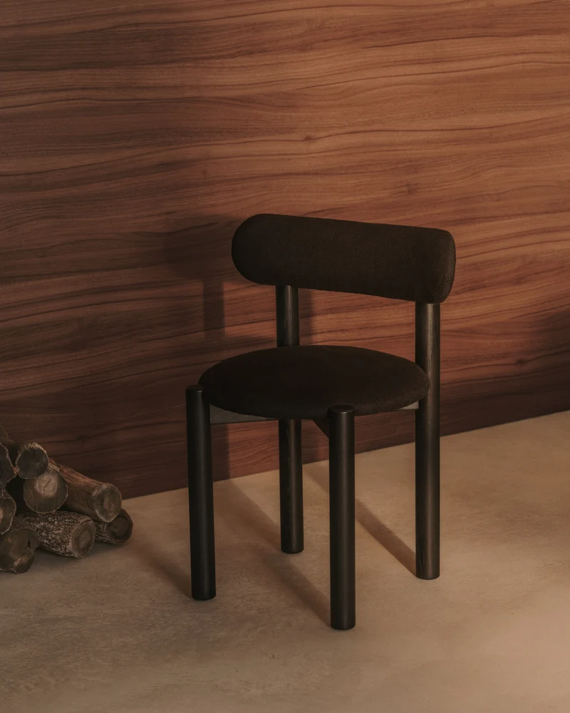 Nebai chair in black chenille with a solid oak wood structure and black finish FSC MIX Credit