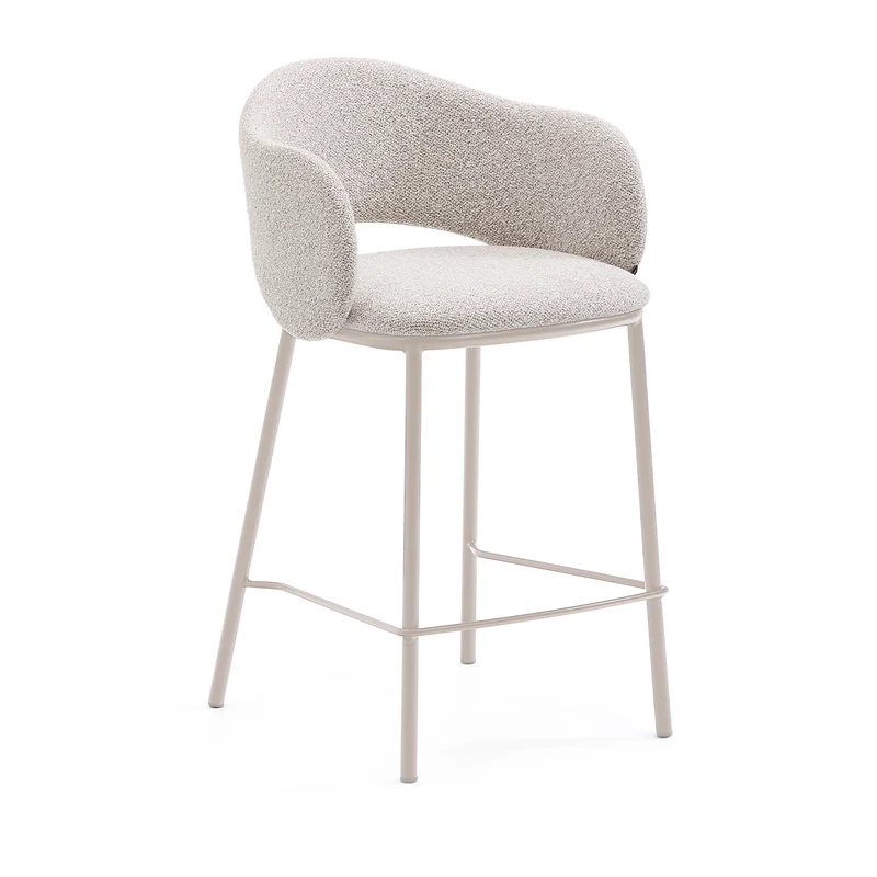 Maina stool in thick beige chenille and steel legs in a beige finish, FSC Mix Credit, 65 cm