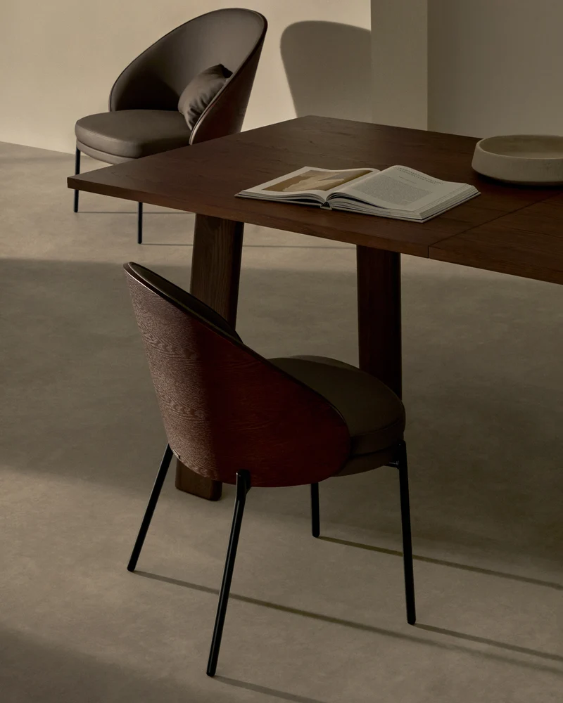 Eamy chair in brown faux leather & walnut