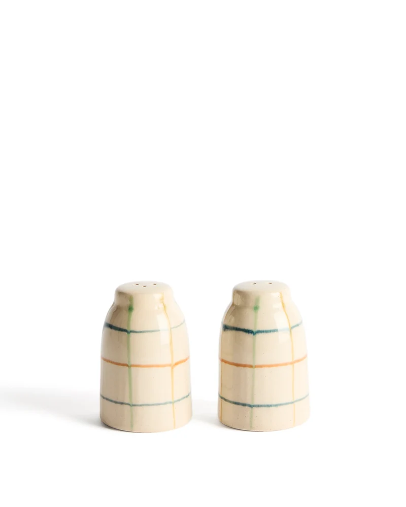 Belor set of ceramic salt and pepper shakers with multicoloured lines