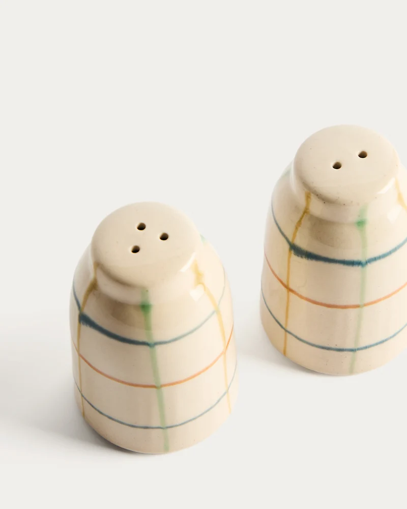 Belor set of ceramic salt and pepper shakers with multicoloured lines