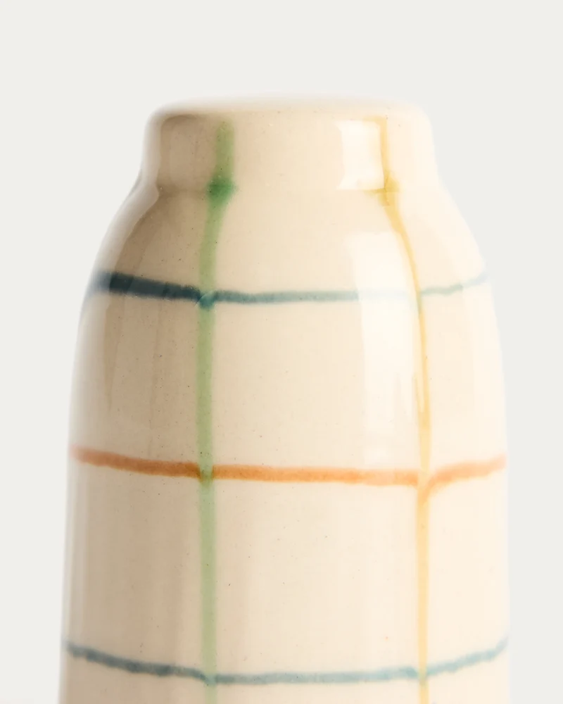 Belor set of ceramic salt and pepper shakers with multicoloured lines