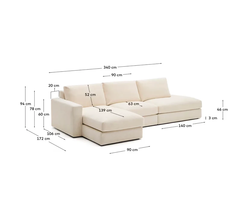 Alea ecru chenille 5-seater modular sofa with left chaise longue and removable cover 340cm