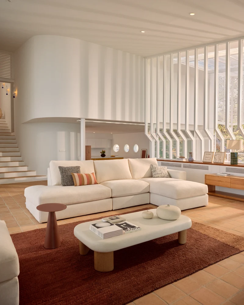 Alea ecru chenille 5-seater modular sofa with right chaise longue and removable cover 340cm