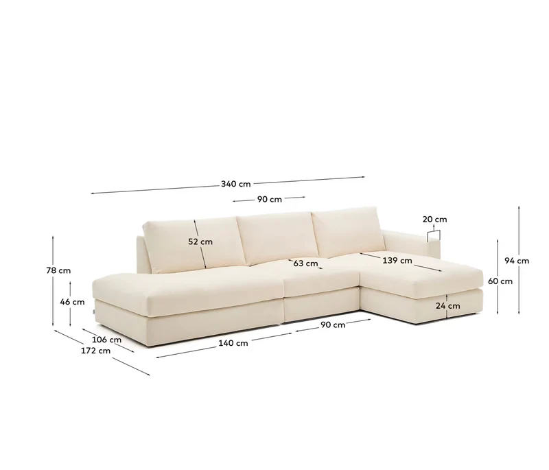 Alea ecru chenille 5-seater modular sofa with right chaise longue and removable cover 340cm