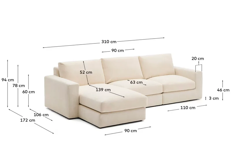 Alea ecru chenille 4-seater modular sofa with left chaise longue and removable cover 310cm