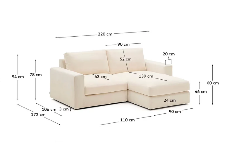 Alea ecru chenille 3-seater modular sofa with right chaise longue and removable cover 220cm