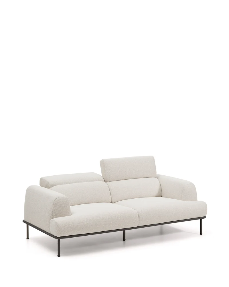 Aurum 3-seater sofa in ecru chenille with reclining headrest and matte grey metal base 234cm FSC Mix Credit
