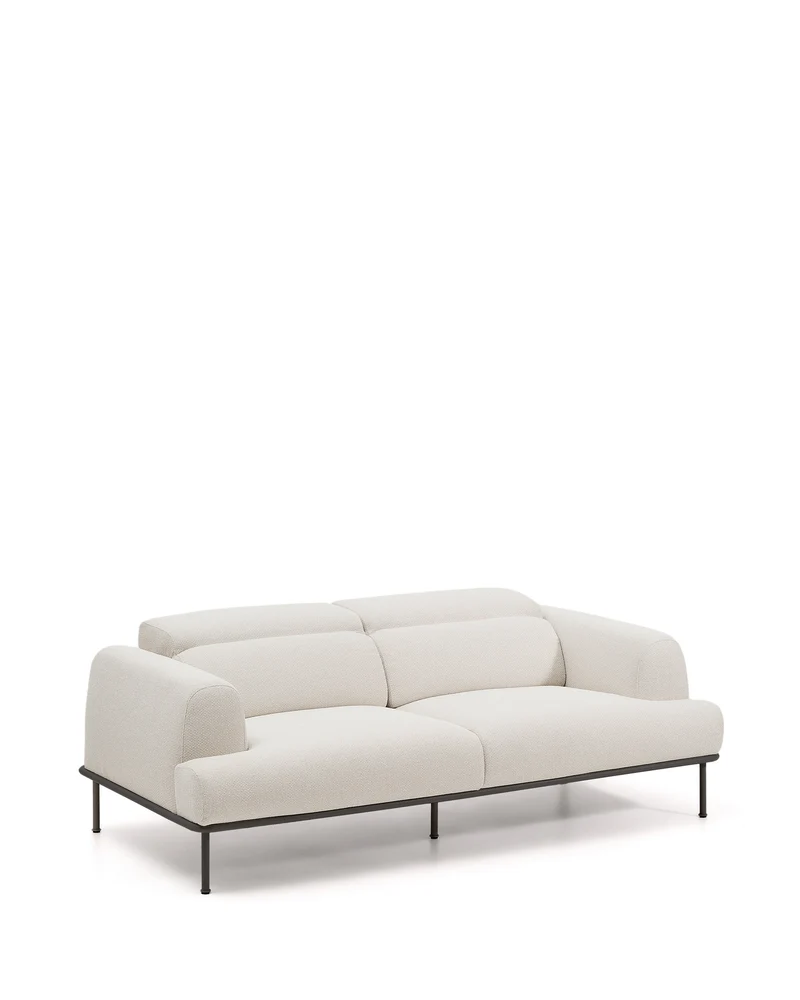 Aurum 3-seater sofa in ecru chenille with reclining headrest and matte grey metal base 234cm FSC Mix Credit