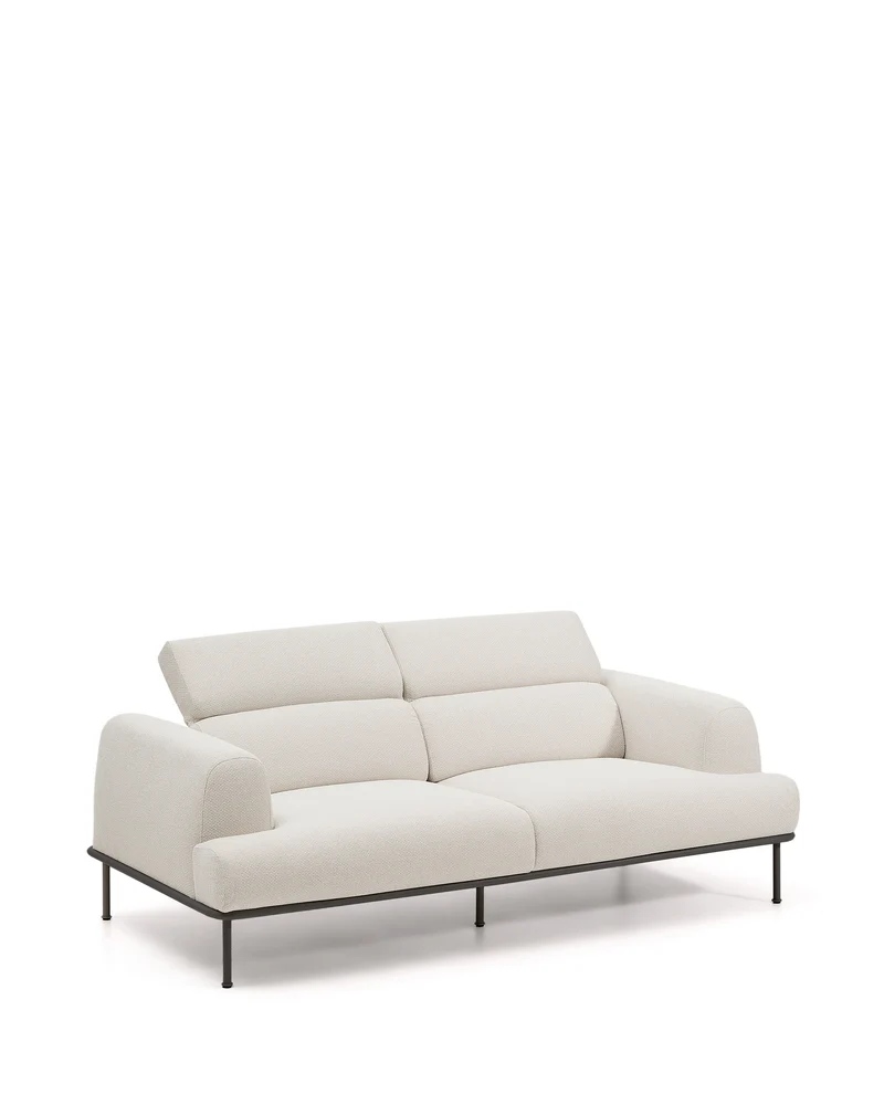 Aurum 3-seater sofa in ecru chenille with reclining headrest and matte grey metal base 234cm FSC Mix Credit