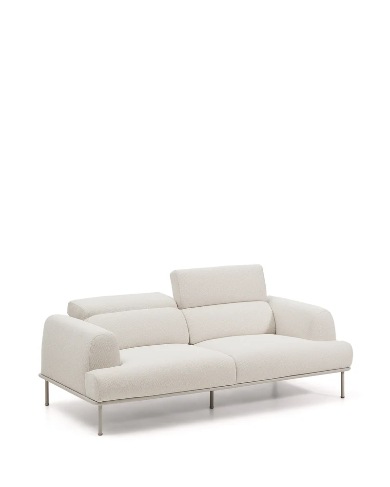 Aurum 3-seater sofa in ecru chenille with reclining headrest and matte beige metal base 234cm FSC Mix Credit