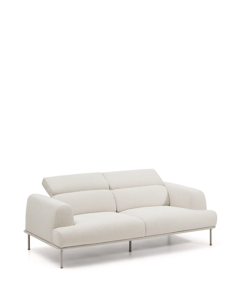 Aurum 3-seater sofa in ecru chenille with reclining headrest and matte beige metal base 234cm FSC Mix Credit