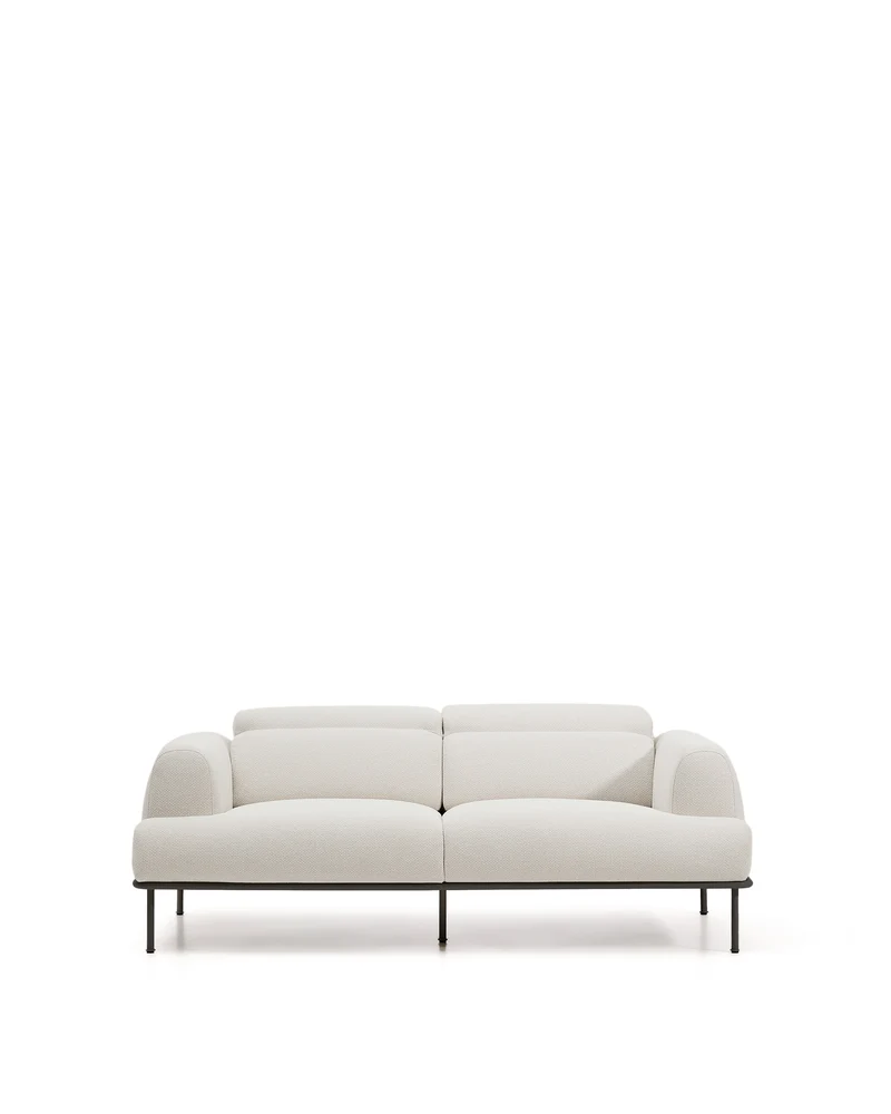 Aurum 2-seater sofa in ecru chenille with reclining headrest and matte grey metal base 214 cm FSC Mix Credit