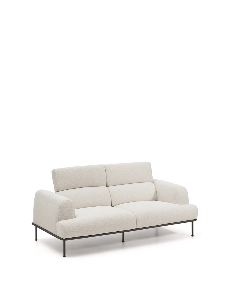 Aurum 2-seater sofa in ecru chenille with reclining headrest and matte grey metal base 214 cm FSC Mix Credit