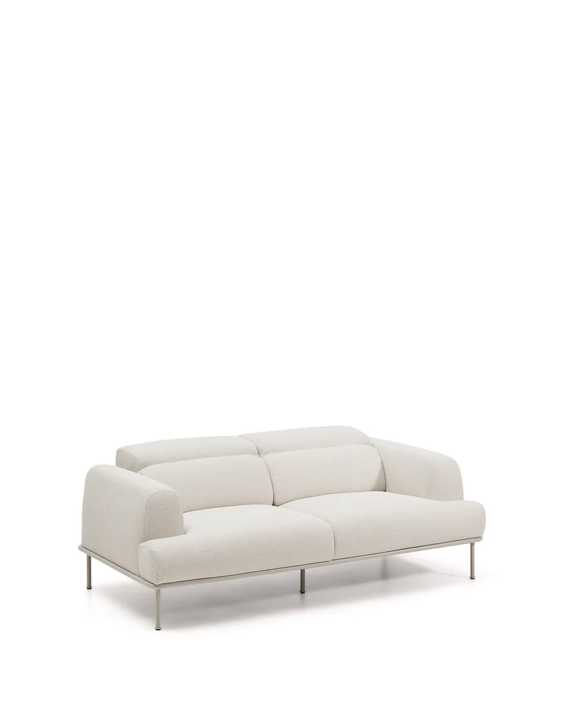 Aurum 2-seater sofa in ecru chenille with reclining headrest and matte beige metal base 214 cm FSC Mix Credit