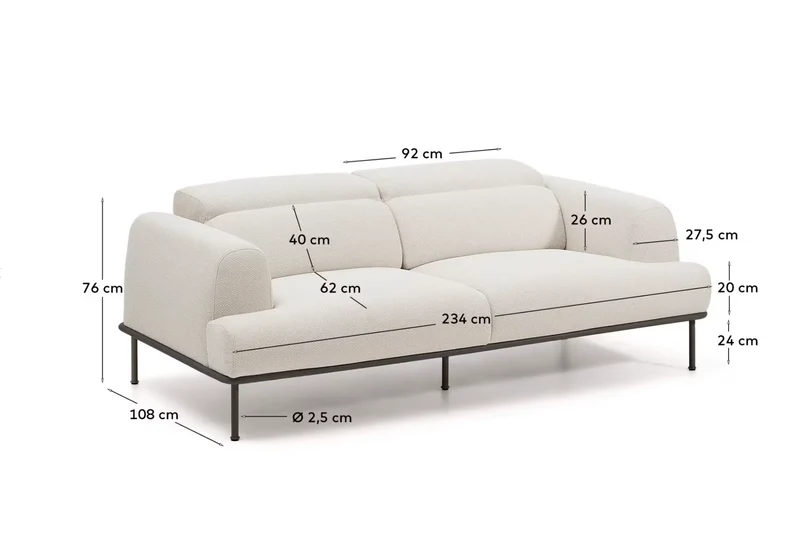 Aurum 2-seater sofa in ecru chenille with reclining headrest and matte beige metal base 214 cm FSC Mix Credit