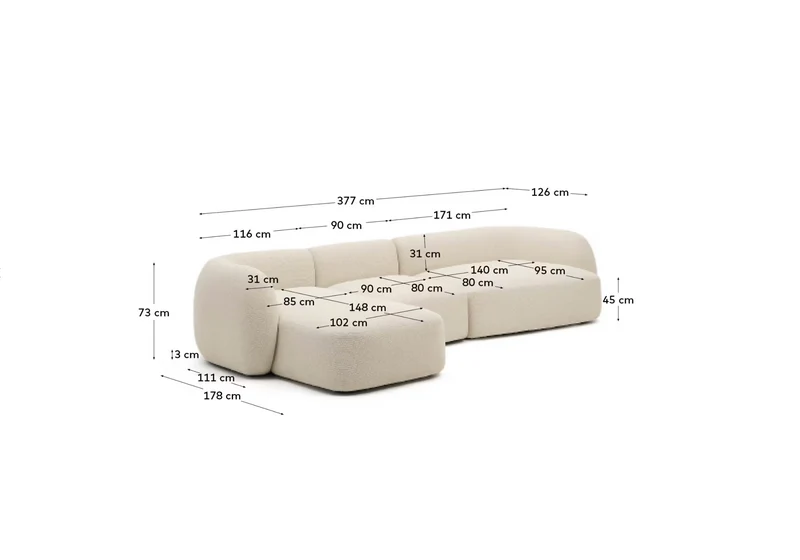 Martina ecru chenille 4-seater modular sofa with left chaise longue 377cm