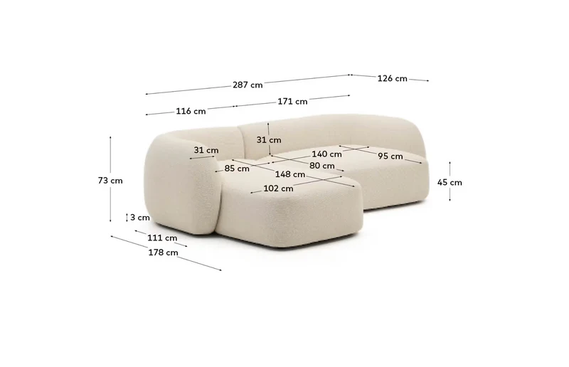Martina ecru chenille 3-seater modular sofa with left chaise longue 287cm
