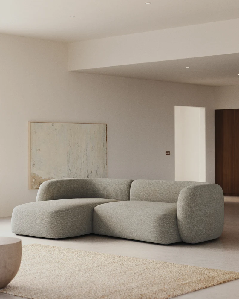 Martina stone-coloured chenille 3-seater modular sofa with left chaise longue 287cm