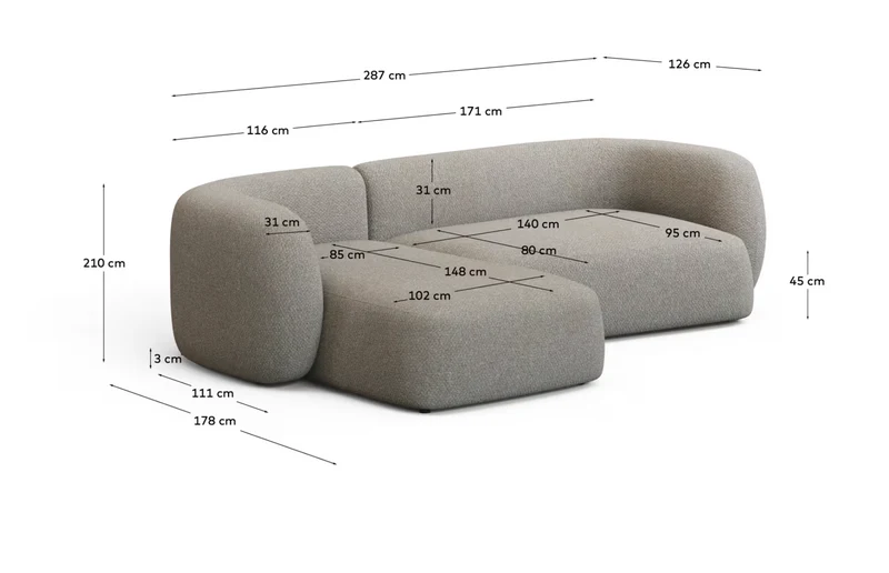 Martina stone-coloured chenille 3-seater modular sofa with left chaise longue 287cm