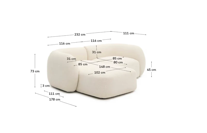 Martina ecru chenille 2-seater modular sofa with left chaise longue 230cm