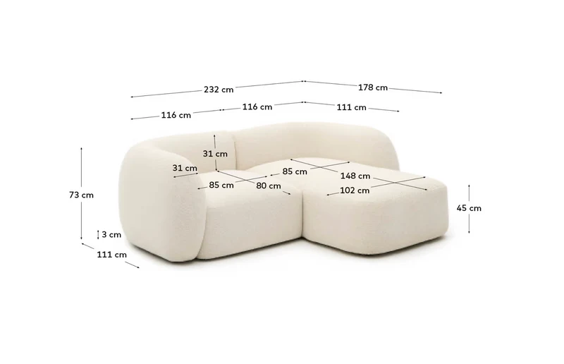 Martina ecru chenille 2-seater modular sofa with right chaise longue 230cm