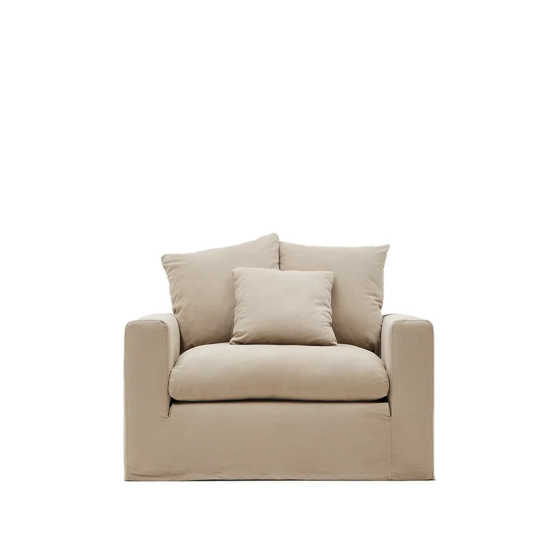 Nora armchair cover in taupe linen and cotton 140cm