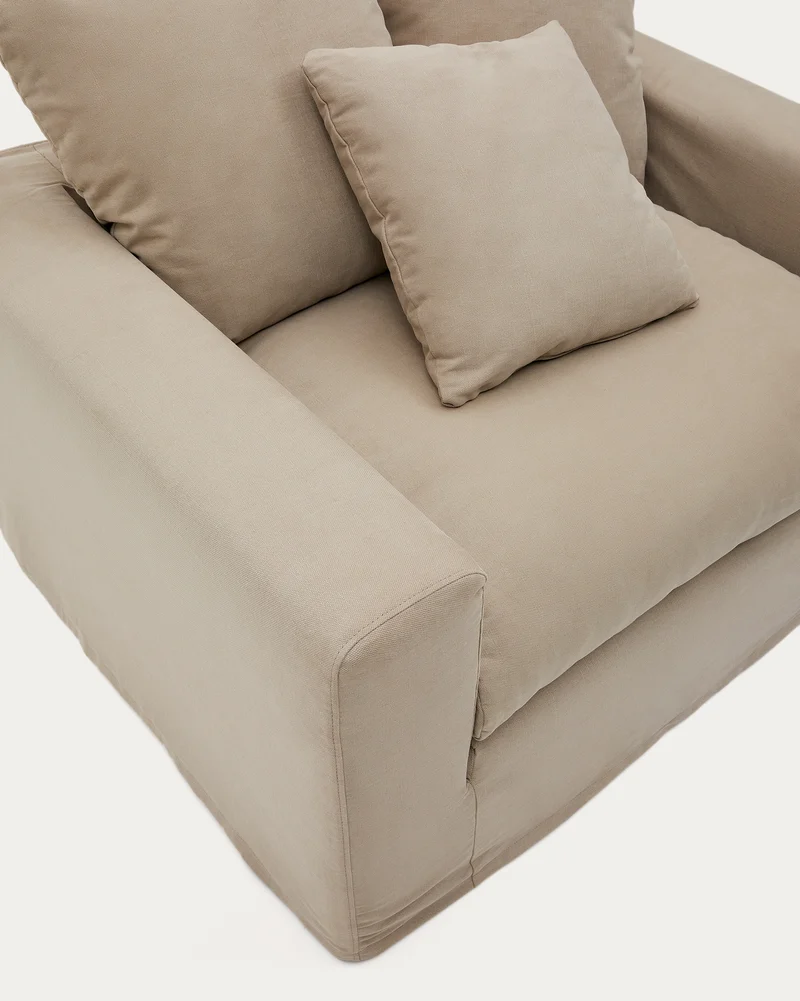 Nora armchair cover in taupe linen and cotton 140cm