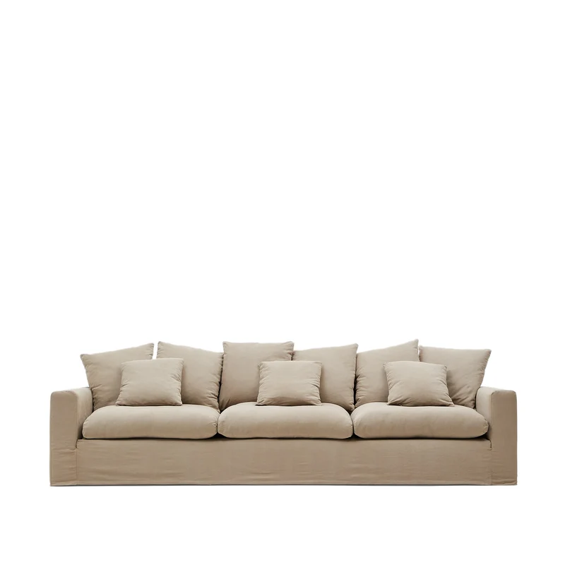 Nora 4-seater sofa with removable cover with linen and cotton cushions in taupe 340cm