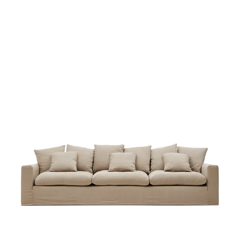 Nora 4-seater sofa with removable cover with linen and cotton cushions in taupe 340cm