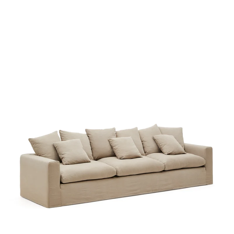 Nora 4-seater sofa with removable cover with linen and cotton cushions in taupe 340cm