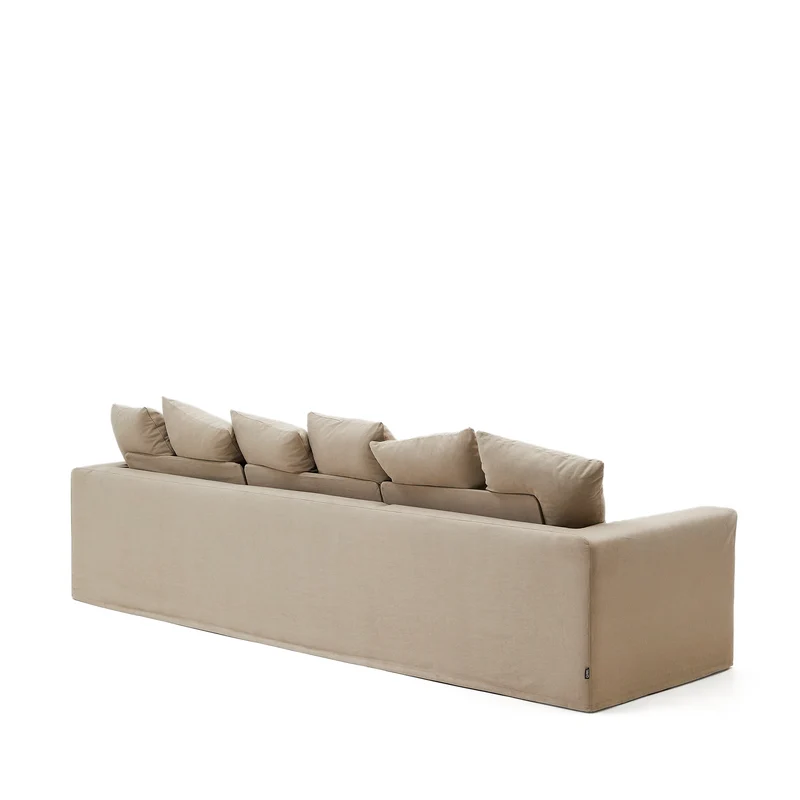 Nora 4-seater sofa with removable cover with linen and cotton cushions in taupe 340cm