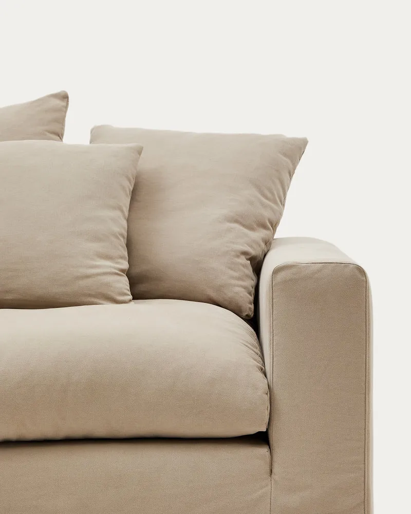 Nora 4-seater sofa with removable cover with linen and cotton cushions in taupe 340cm