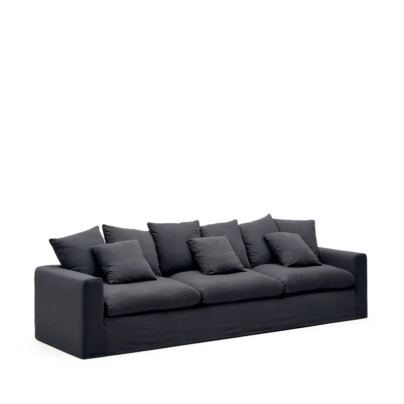 Nora 4-seater sofa with removable cover with linen and cotton cushions in anthracite grey 340cm