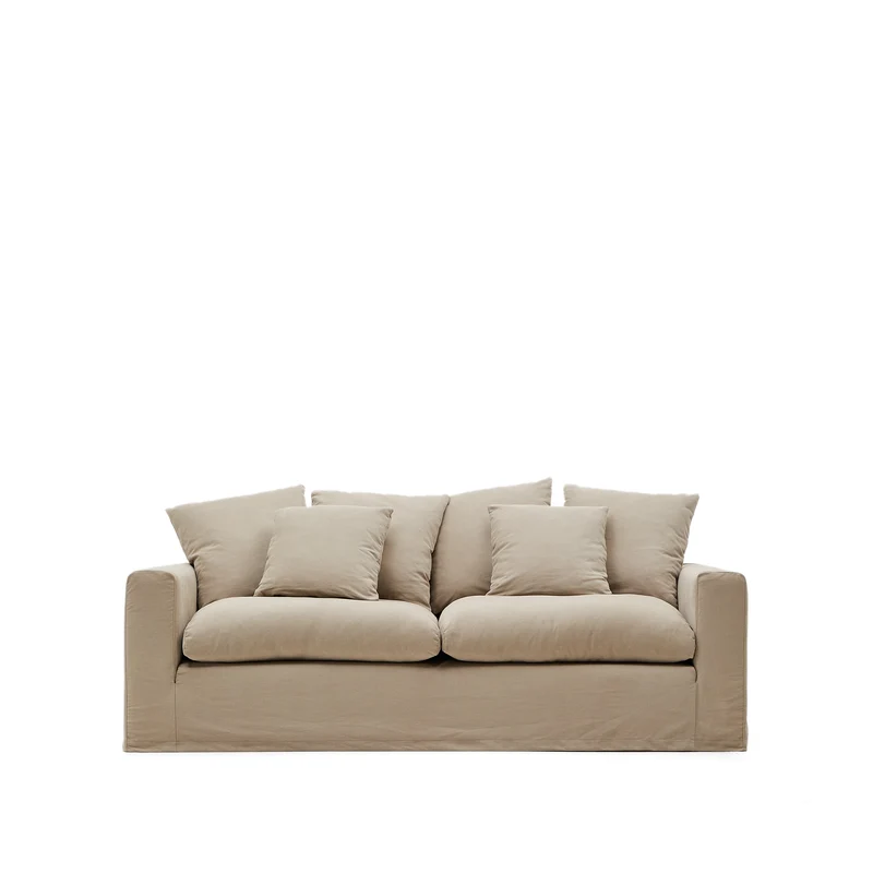 Nora 3-seater sofa with removable cover with linen and cotton cushions in taupe 240cm