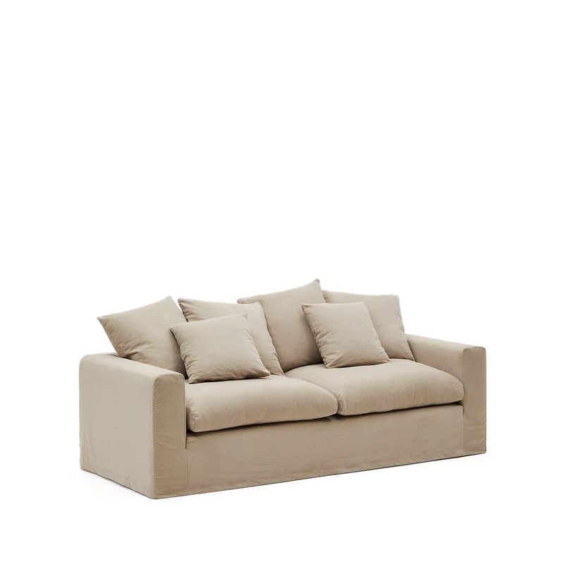 Nora 3-seater sofa with removable cover with linen and cotton cushions in taupe 240cm