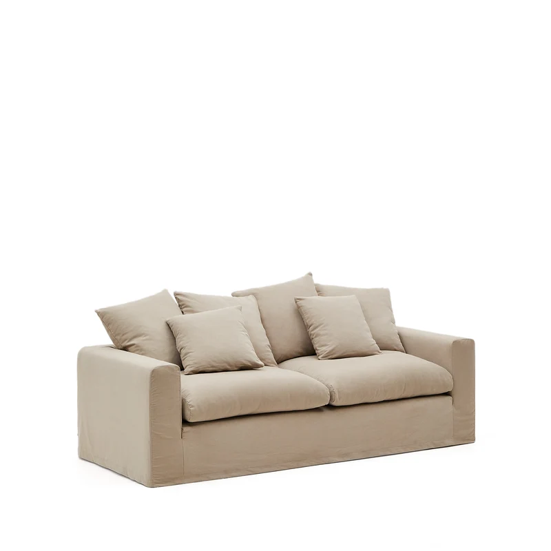 Nora 3-seater sofa with removable cover with linen and cotton cushions in taupe 240cm
