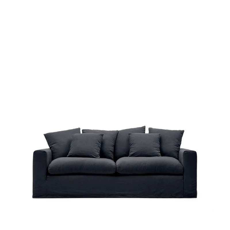 Nora 3-seater sofa with removable cover with linen and cotton cushions in anthracite grey 240cm