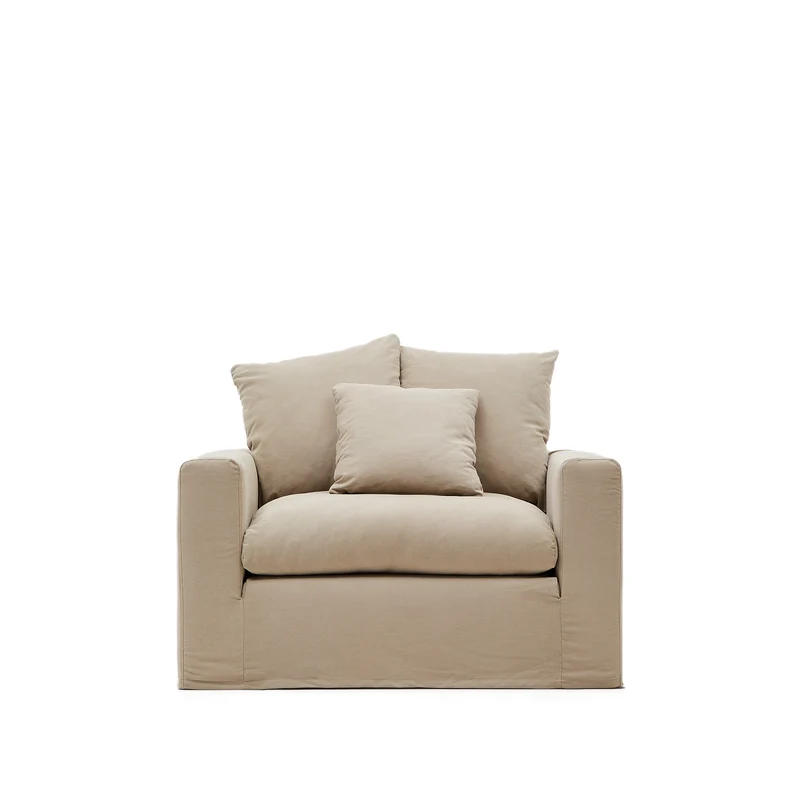 Nora armchair with removable cover with linen and cotton cushion in taupe 140cm