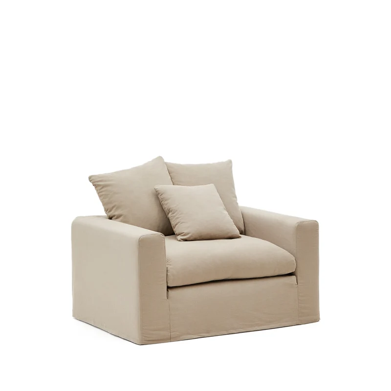Nora armchair with removable cover with linen and cotton cushion in taupe 140cm